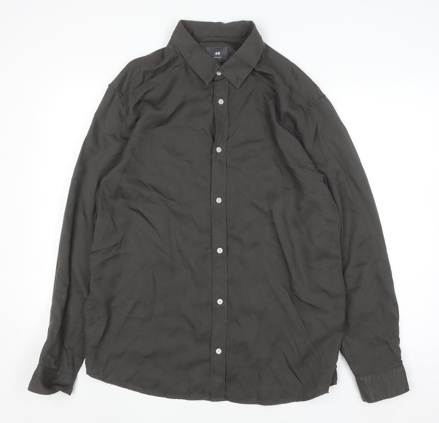 H&M Men's Regular Fit Black Lyocell Long Sleeve Button-Up Shirt L