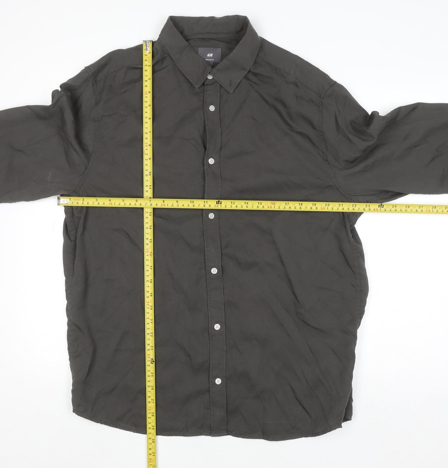 H&M Men's Regular Fit Black Lyocell Long Sleeve Button-Up Shirt L