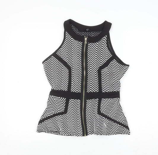 River Island Women’s Black & White Geometric Zip Front Sleeveless High Neck Cropped Top Size 10