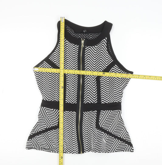 River Island Women’s Black & White Geometric Zip Front Sleeveless High Neck Cropped Top Size 10