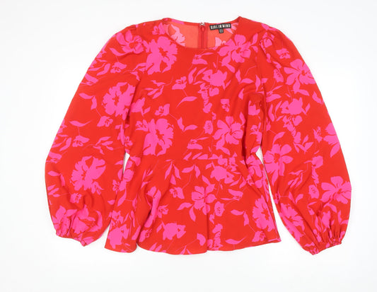Girl In Mind Womens Red Floral Long Sleeve Tunic Blouse Size 14
