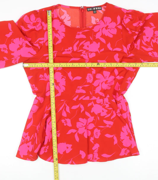 Girl In Mind Womens Red Floral Long Sleeve Tunic Blouse Size 14