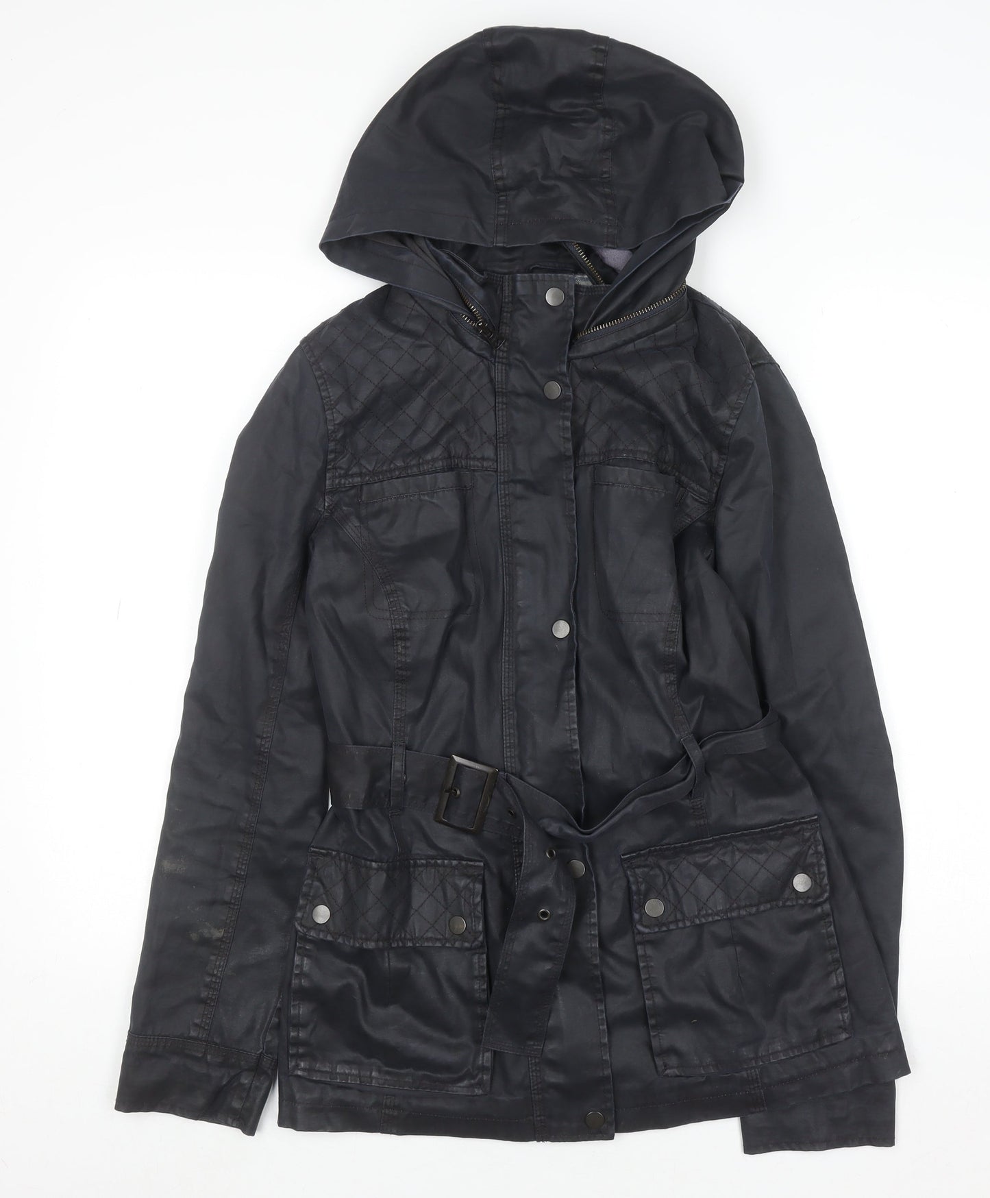 Marks and Spencer Indigo Black Hooded Belted Waxed Jacket Women Size 10