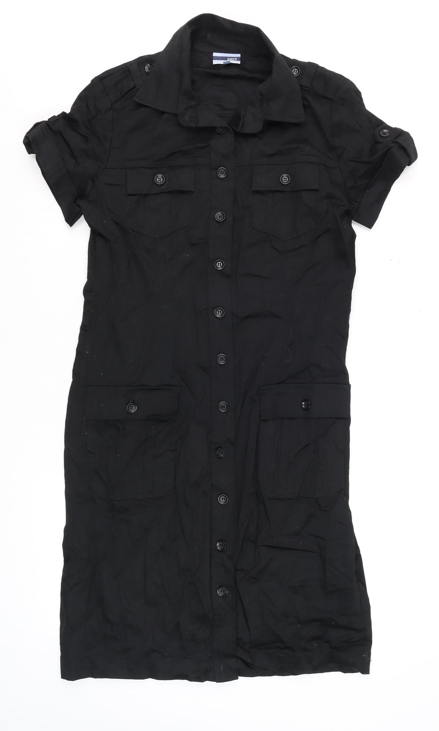 Oasis Women's Black Shirt Dress Size 12 Cotton Stretch Collared Casual