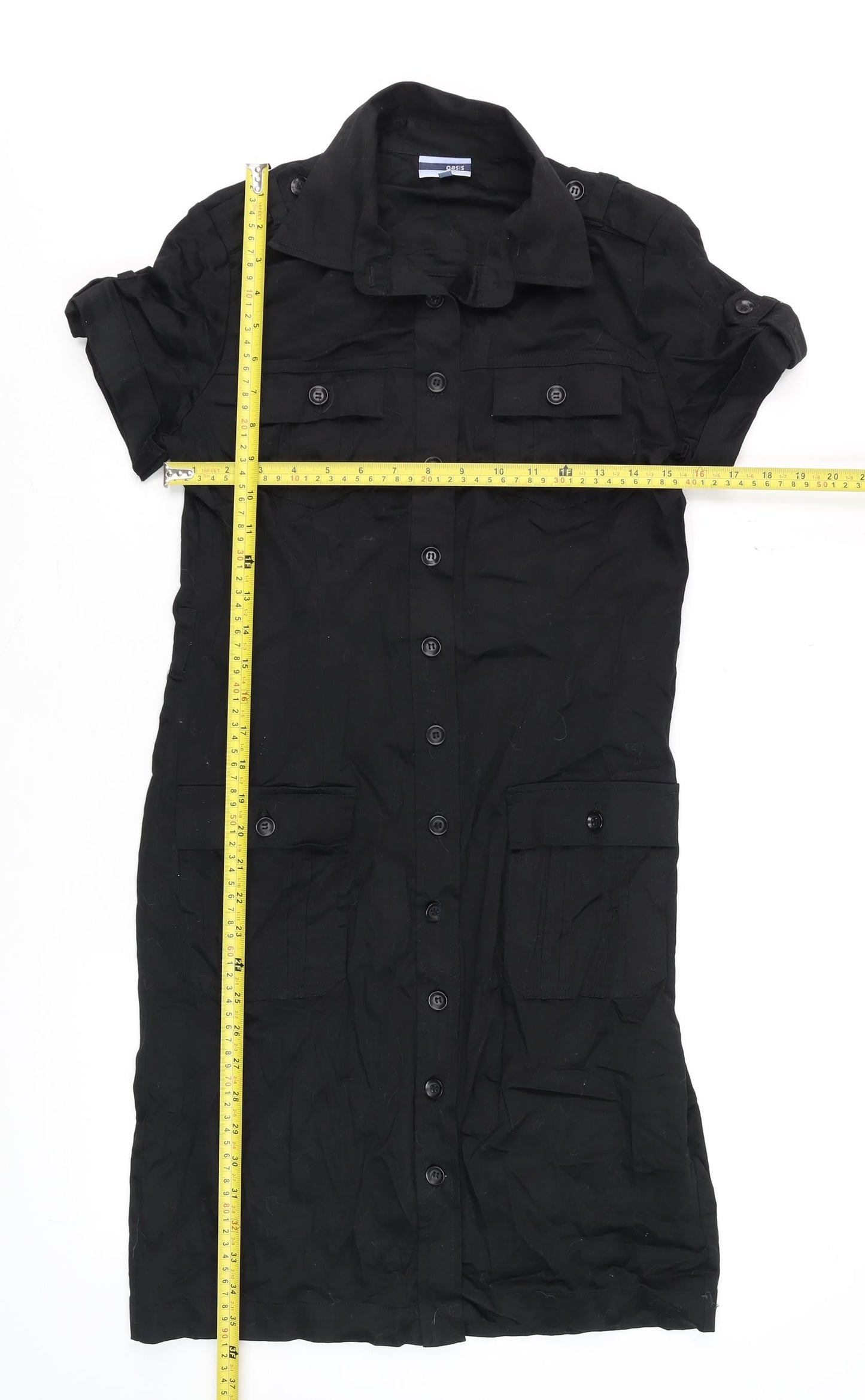 Oasis Women's Black Shirt Dress Size 12 Cotton Stretch Collared Casual