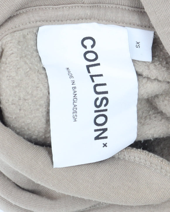 Collusion Men’s Beige Pullover Hoodie XS Fleece Logo Graphic