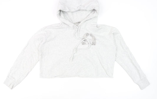 AllSaints Women’s Grey Cropped Hoodie Medium Cotton Drawstring Long Sleeve