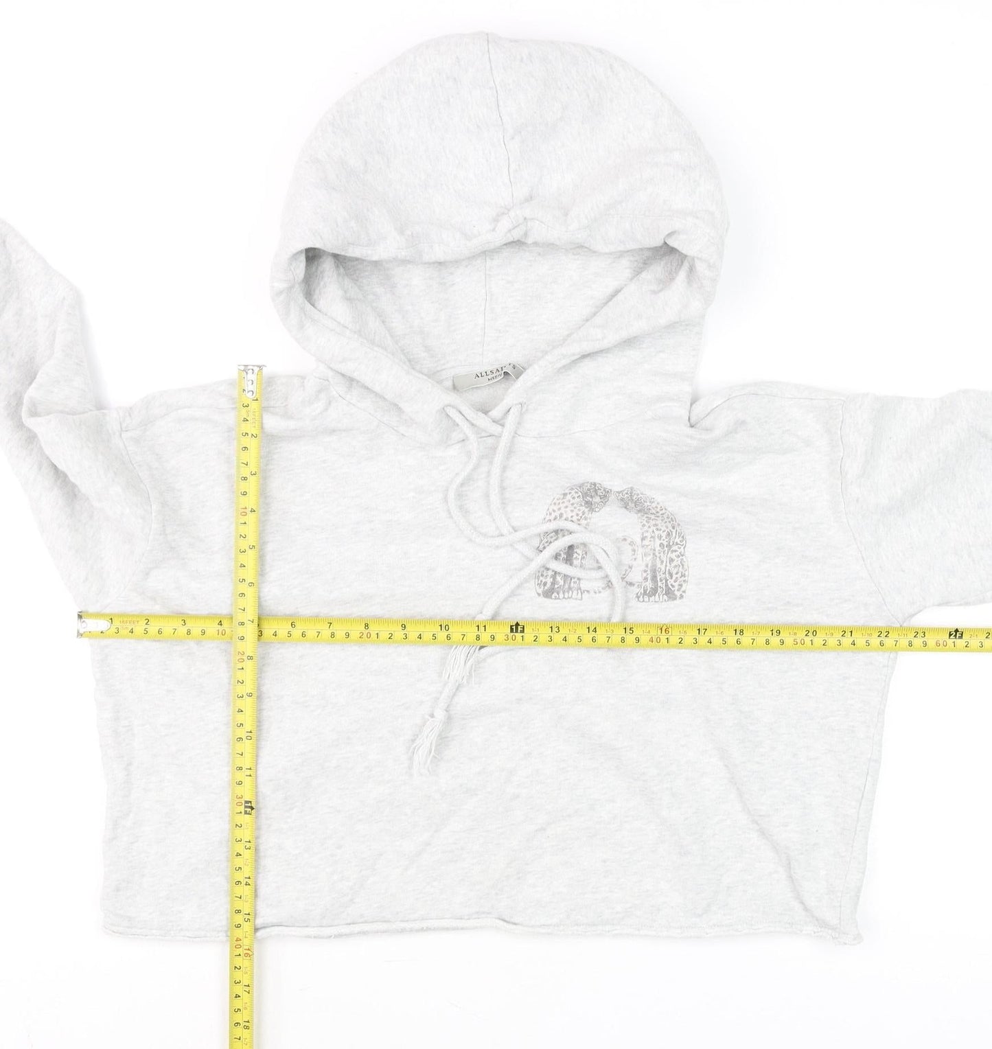 AllSaints Women’s Grey Cropped Hoodie Medium Cotton Drawstring Long Sleeve