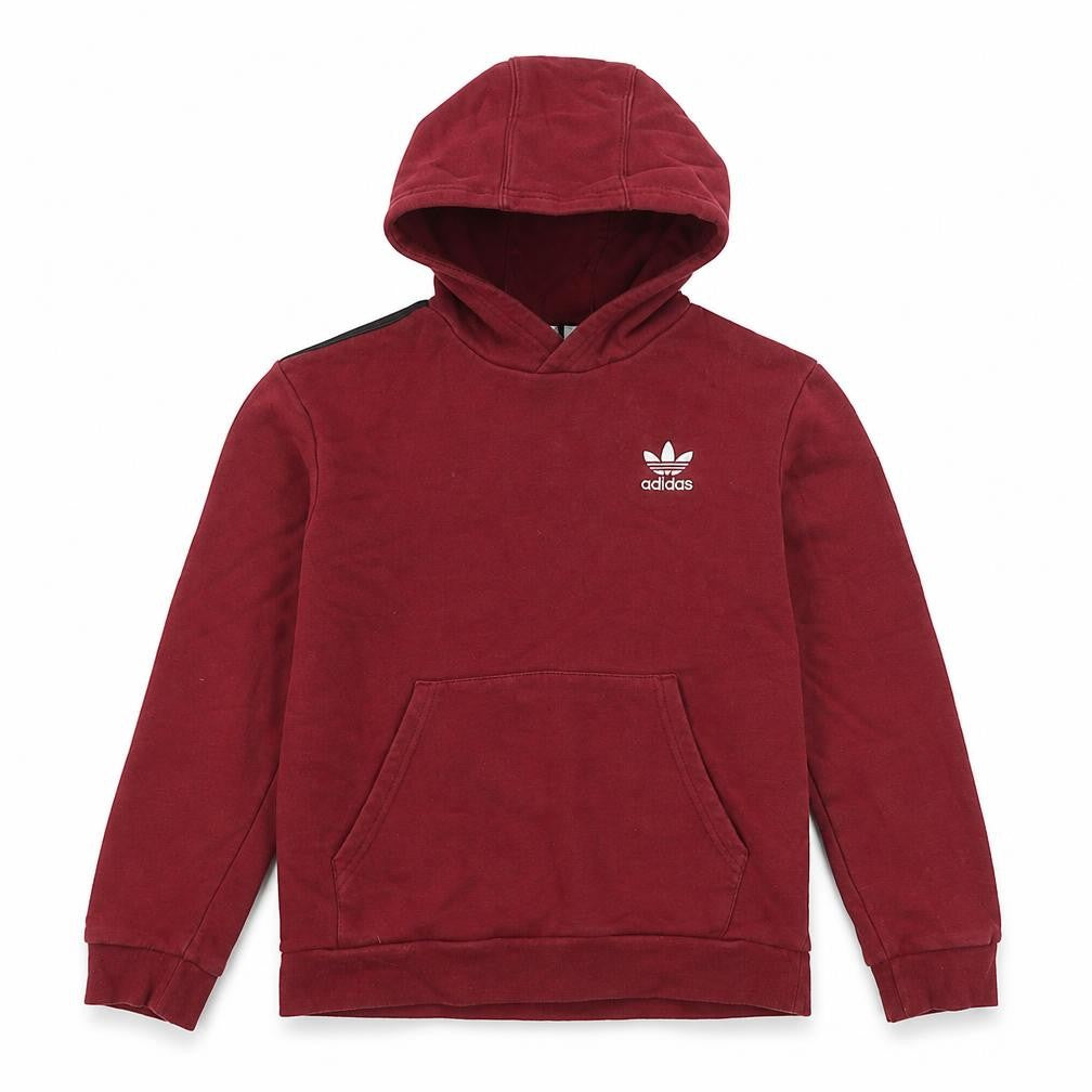 Front view of Adidas boys’ burgundy hoodie 11-12 years pullover cotton blend logo