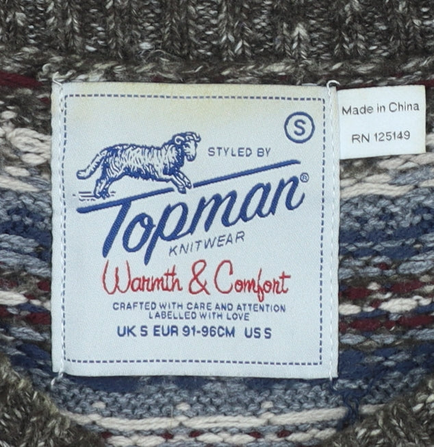 Topman Men's Brown Fair Isle Knit Crew Neck Jumper Size S
