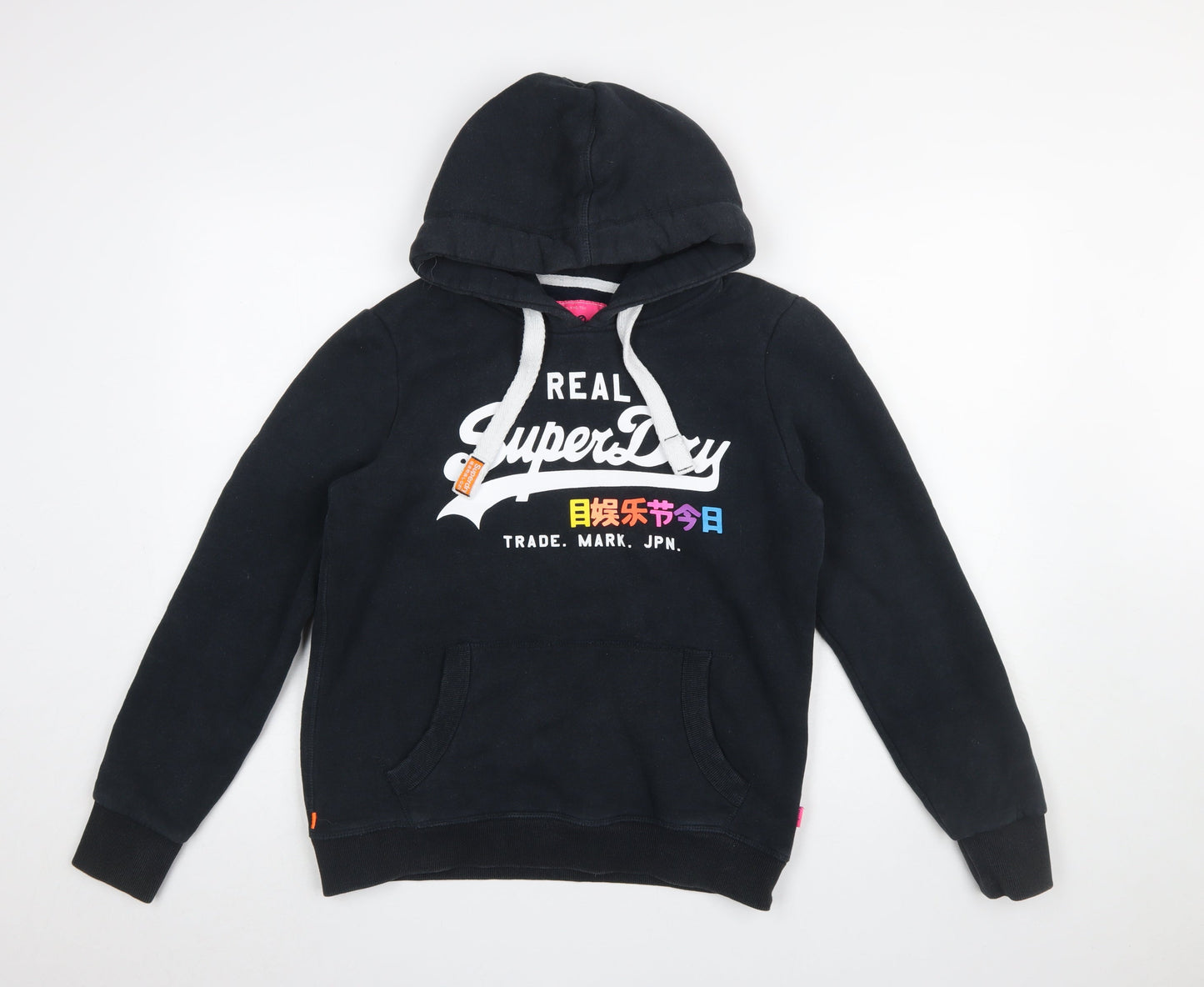 Superdry Women's Black Pullover Hoodie Size 14 Graphic Print Cotton Blend