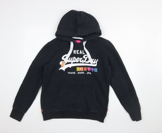 Superdry Women's Black Pullover Hoodie Size 14 Graphic Print Cotton Blend