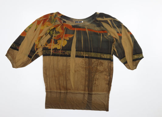 Vango Paris Women's Brown Floral Sheer Tunic Blouse L