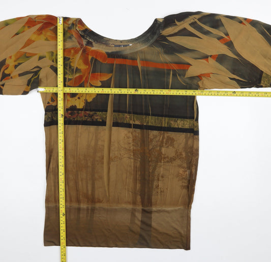 Vango Paris Women's Brown Floral Sheer Tunic Blouse L