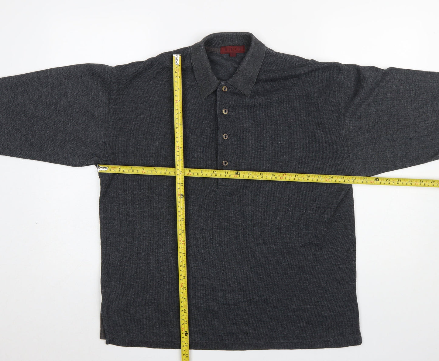 Ricci Men Grey Cotton Collared Henley Jumper Size M