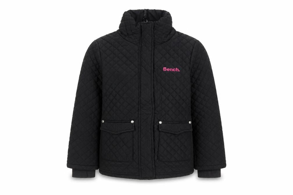 Front view of Bench girls’ black quilted mid-length jacket 5-6 years padded winter coat
