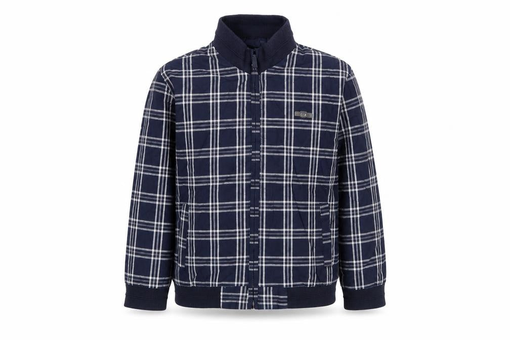 Front view of Mayoral Bros boys’ blue check reversible bomber jacket, size 5, years