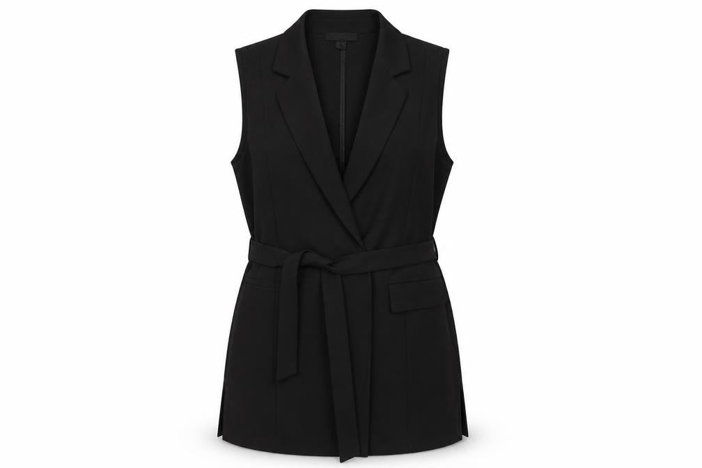 Front view of Atmosphere Women's Black Belted Sleeveless Mid-Length Waistcoat, size 10
