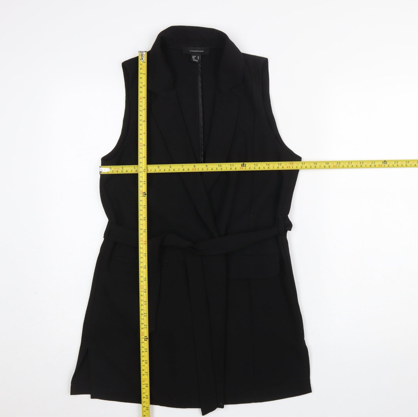 Atmosphere Women's Black Belted Sleeveless Mid-Length Waistcoat Size 10