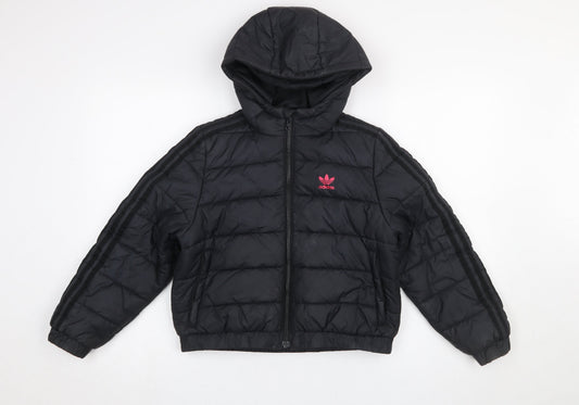 Adidas Girls Black Hooded Puffer Jacket 9-10 Years Quilted Full Zip