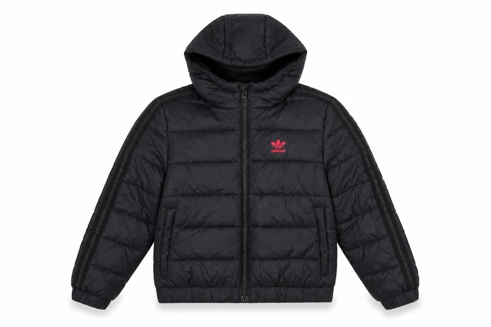 Front view of Adidas girls’ black hooded puffer jacket 9-10 years quilted full zip