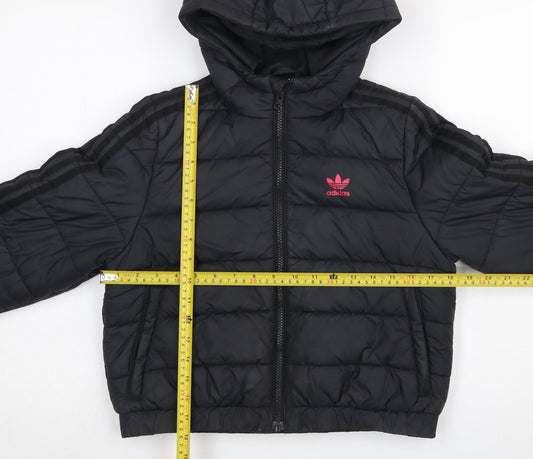 Adidas Girls Black Hooded Puffer Jacket 9-10 Years Quilted Full Zip