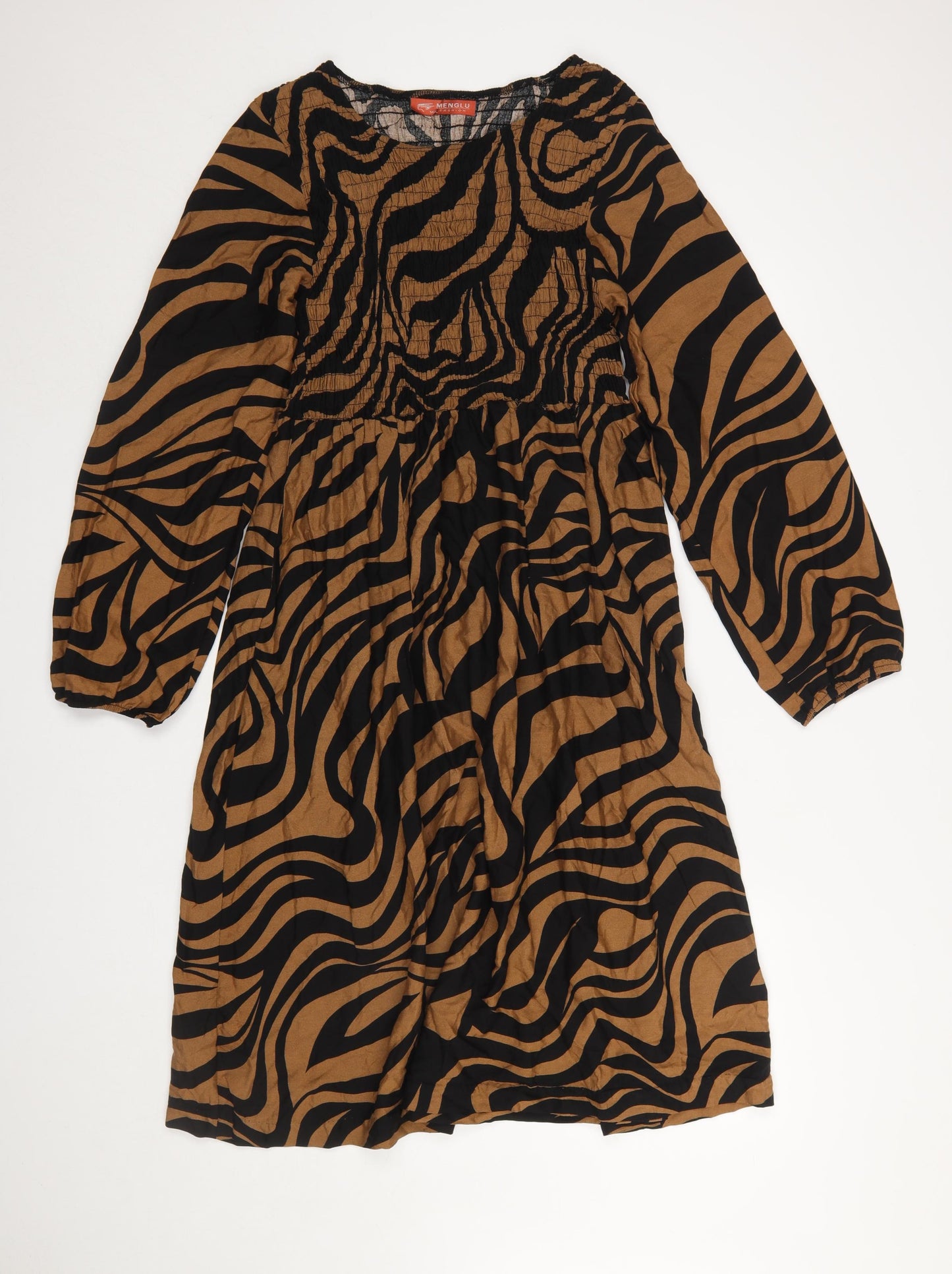 Menglu Women Brown Black Animal Print A-Line Long Sleeve Dress M