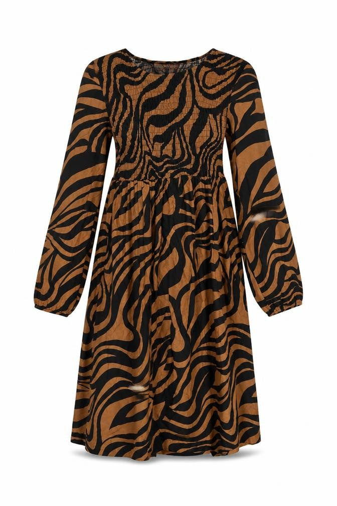 Menglu Women Brown Black Animal Print A-Line Long Sleeve Dress M