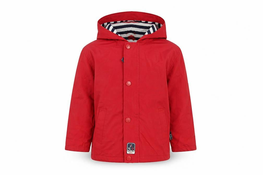 Front view of Sable & Mer boys’ red hooded waterproof rain coat 3 years