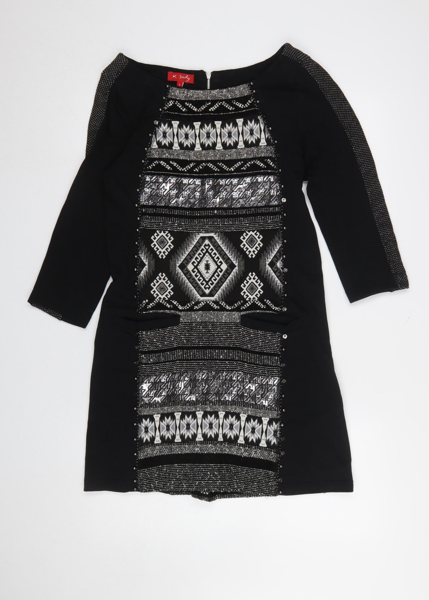 René Derhy Women's Black Geometric Shift Dress Size S 3/4 Sleeve