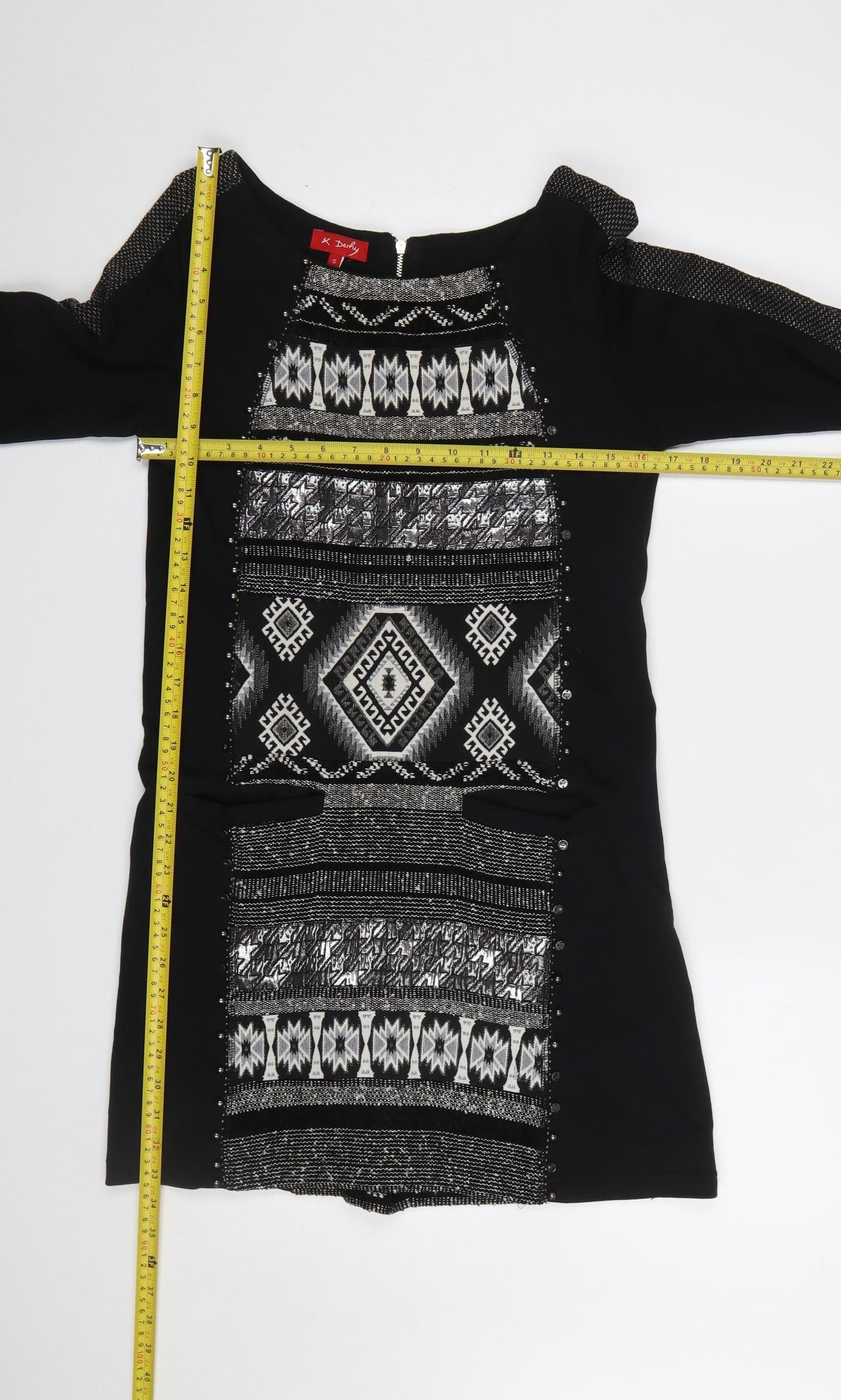 René Derhy Women's Black Geometric Shift Dress Size S 3/4 Sleeve