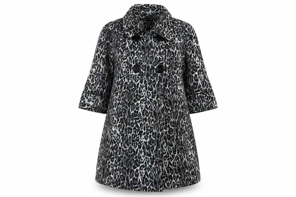 Front view of Atmosphere Women's Black Animal Print Cotton Trench Coat, size 10