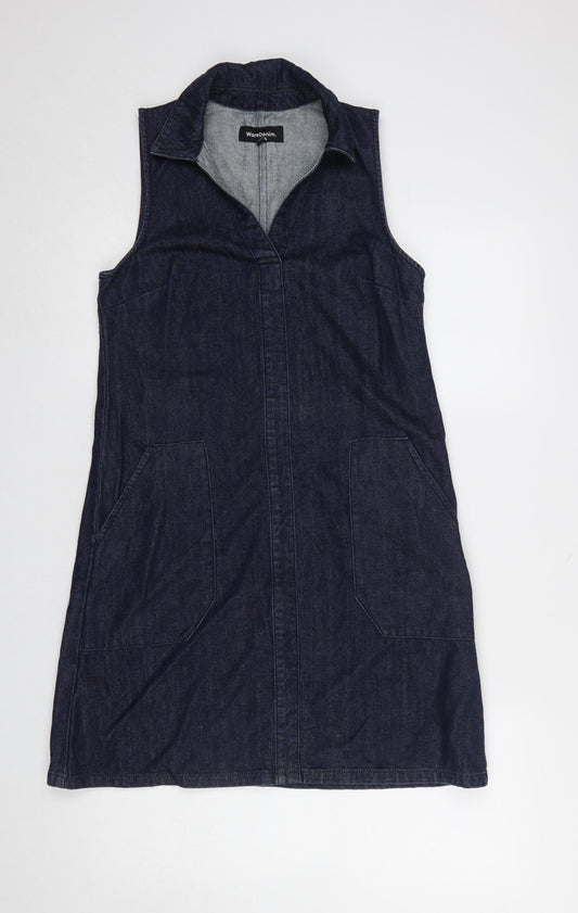 Warehouse Women Blue Denim Shirt Dress UK 8 Sleeveless Collared