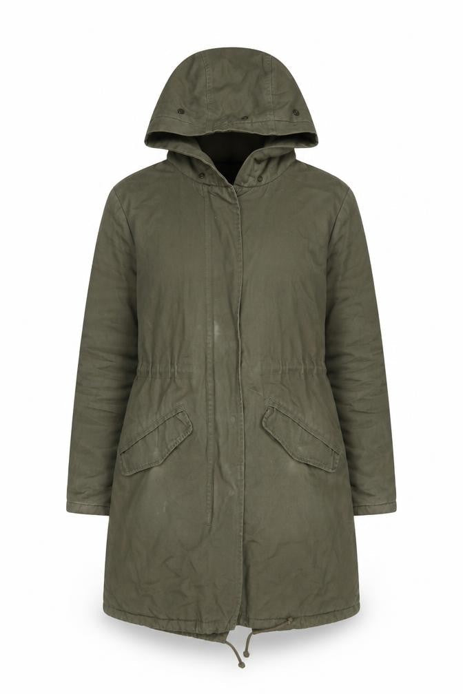 New Look Women’s Green Hooded Parka Coat Size 10 Long Twill Cotton Blend