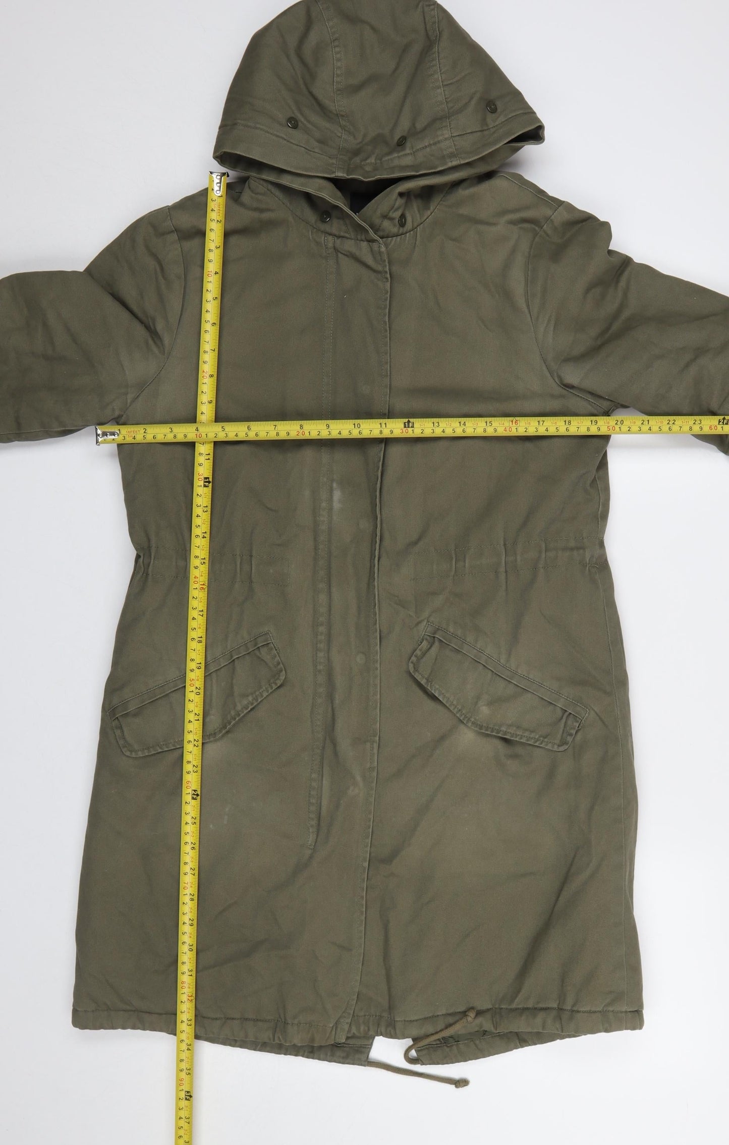 New Look Women’s Green Hooded Parka Coat Size 10 Long Twill Cotton Blend