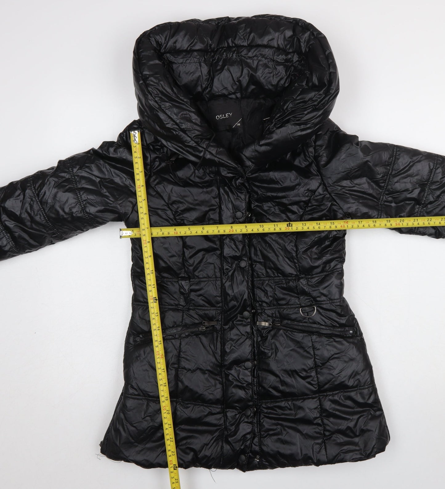 Osley Womens Black Hooded Mid-Length Puffer Jacket Size 10