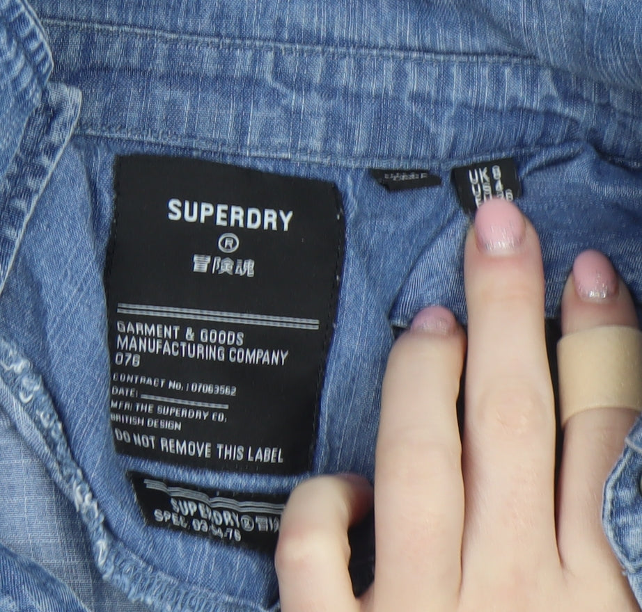 Superdry Women Blue Chambray Long Sleeve Shirt Dress Size 8
