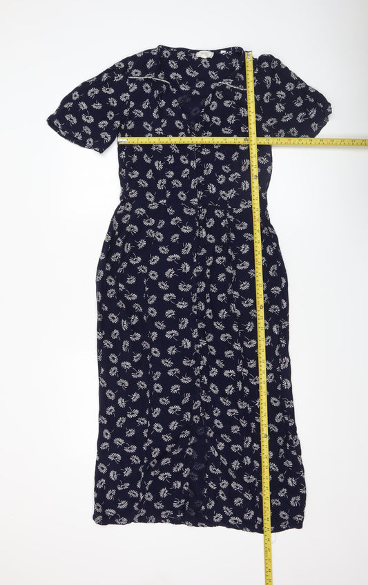 Fat Face Women Blue Floral Midi V-Neck Shirt Dress Size 8