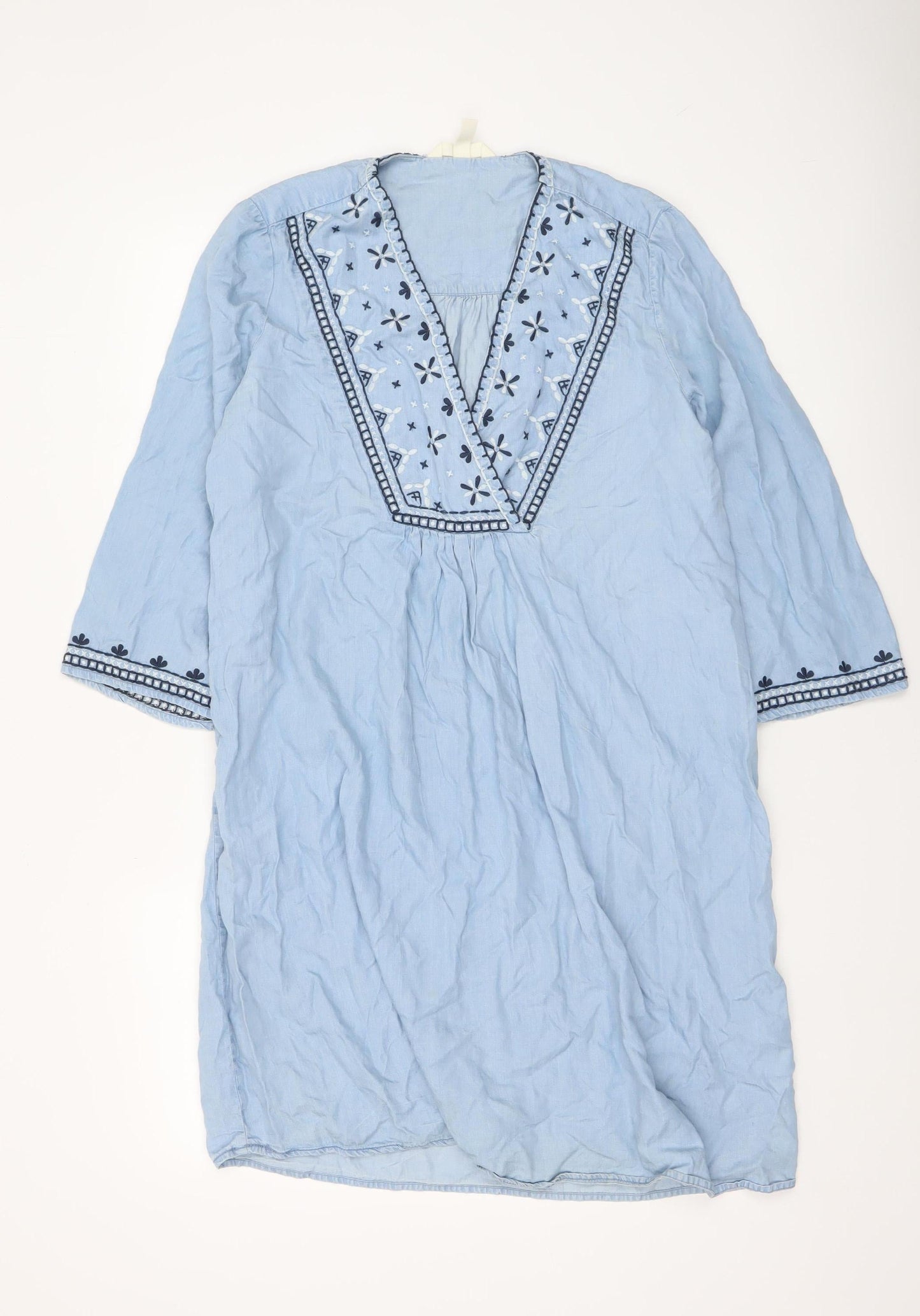 H&M Women Blue Embroidered Kaftan Dress Size 8 Boho Lightweight