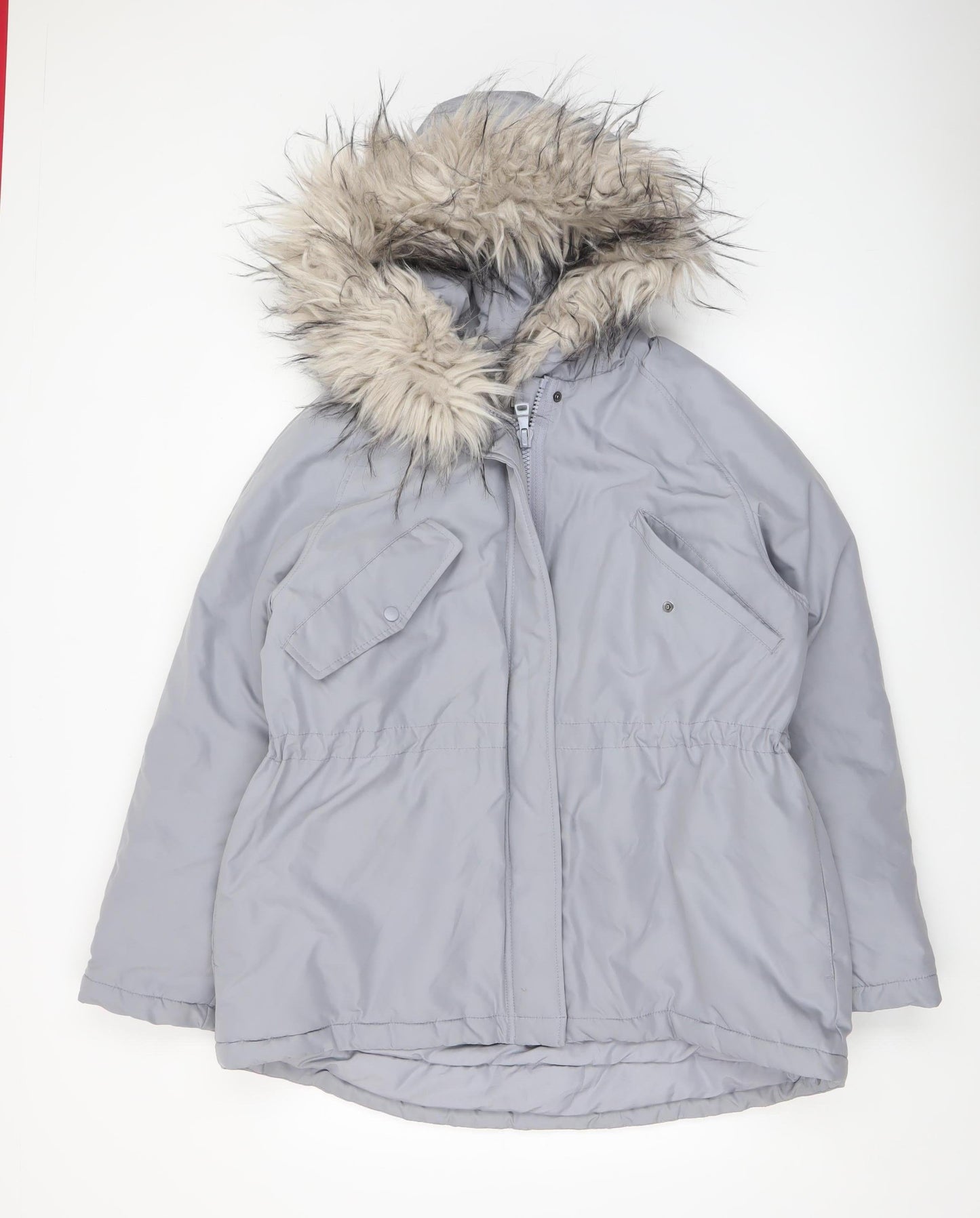H&M Womens Grey Faux Fur Hooded Parka Jacket Size 8