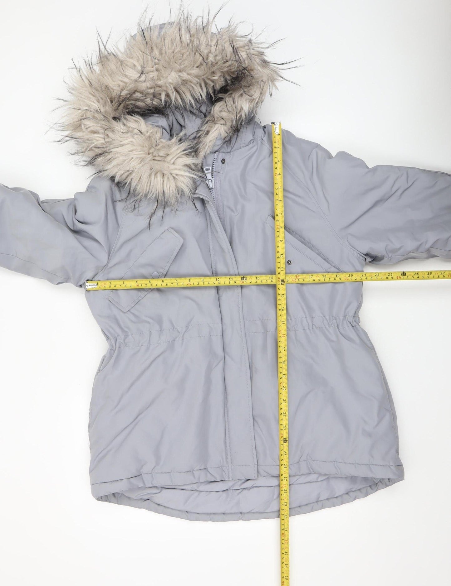 H&M Womens Grey Faux Fur Hooded Parka Jacket Size 8