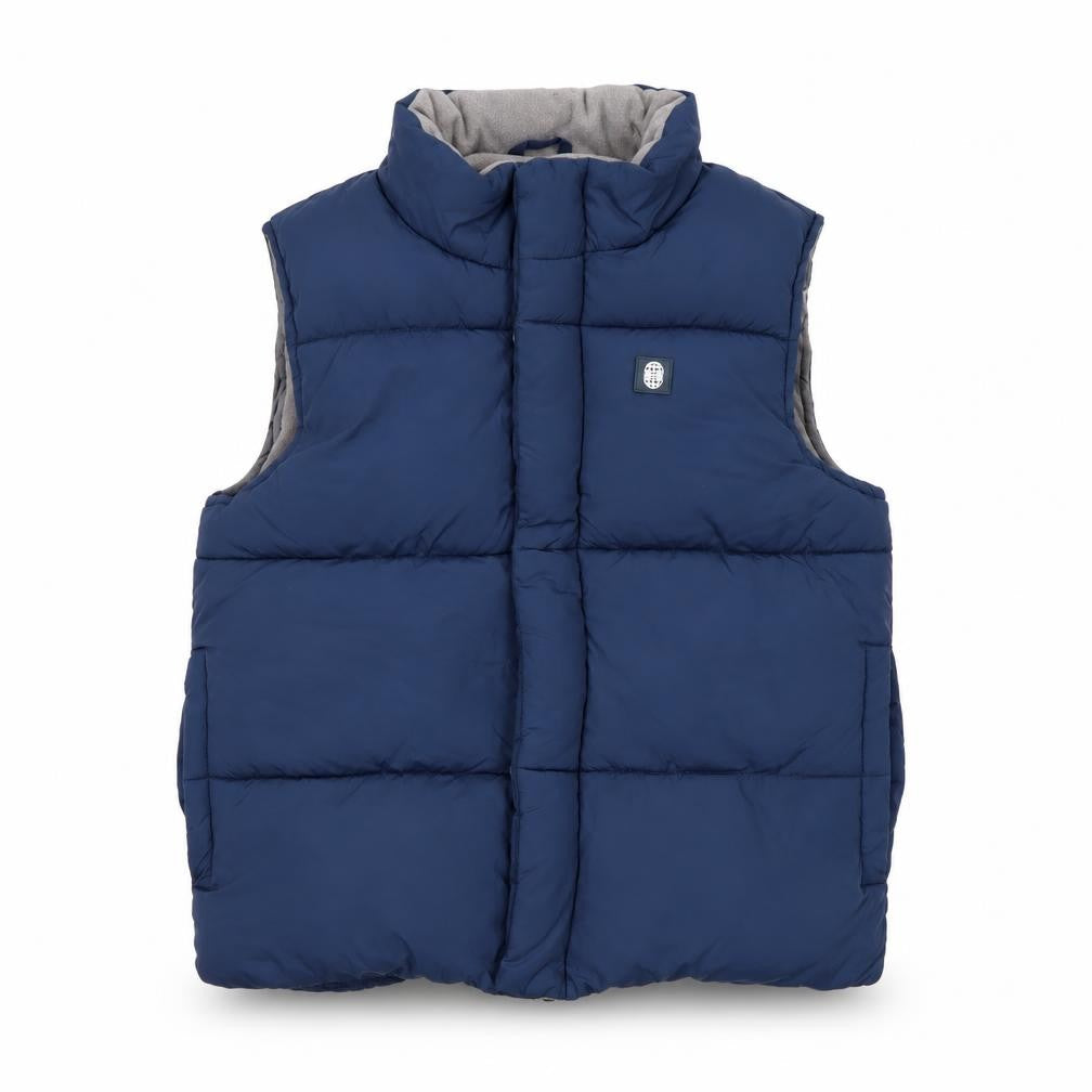 Front view of Explore boys’ blue padded bodywarmer gilet 9 years lined zip outdoor vest
