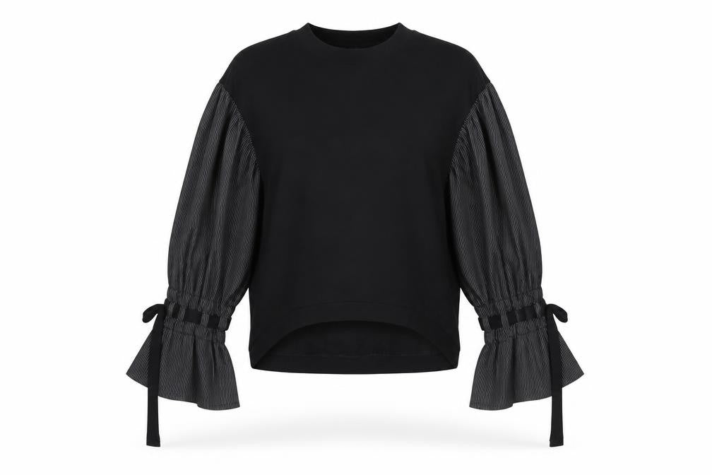 Front view of ASOS women’s black contrast sleeve tunic blouse, size UK 6