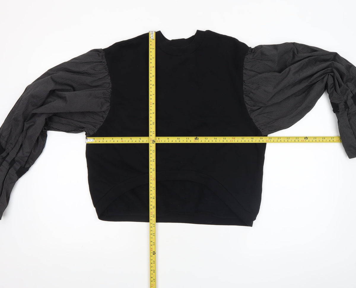 Back view of ASOS women’s black contrast sleeve tunic blouse, size UK 6