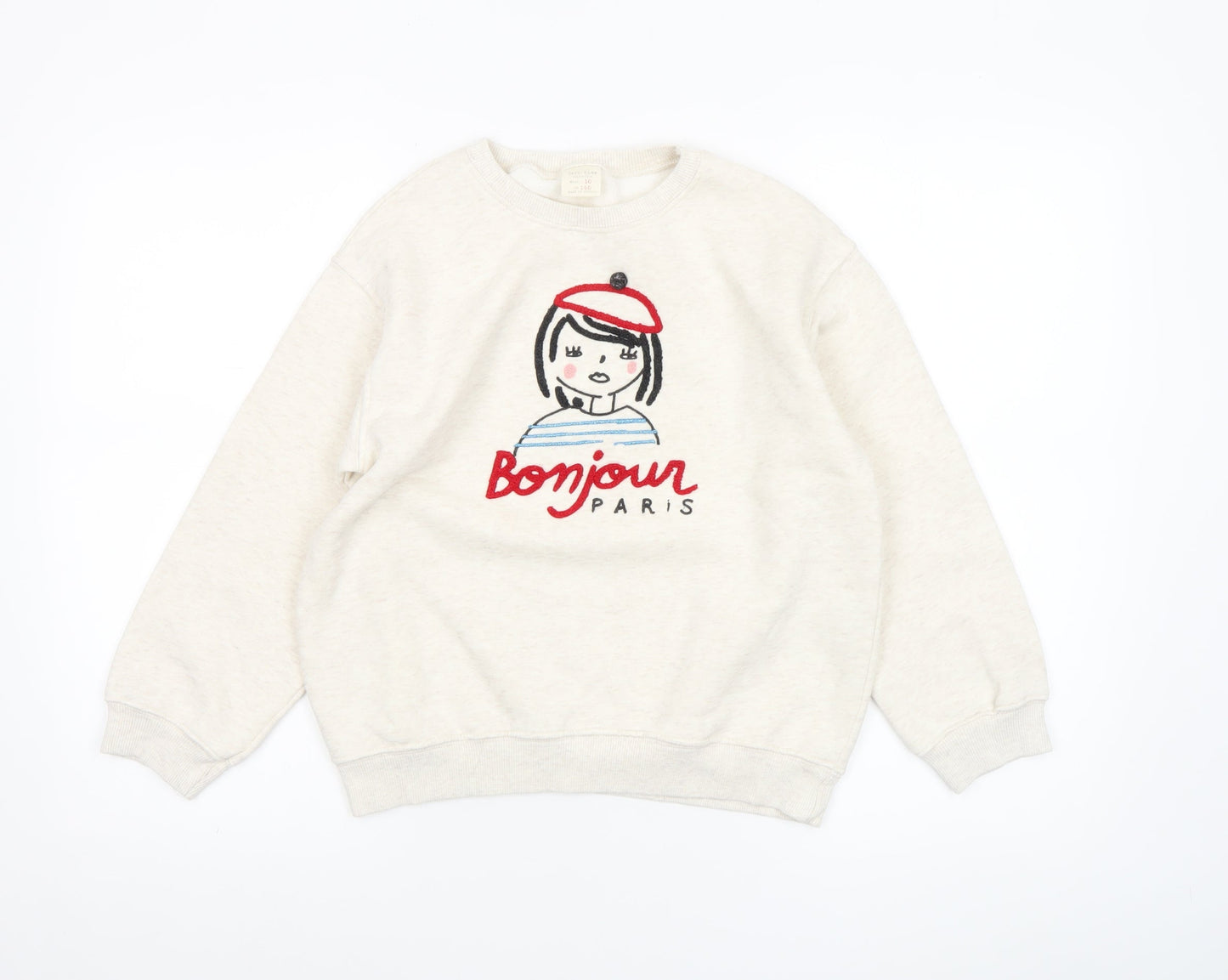 Zara Girls Beige Bonjour Paris Embroidered Pullover Sweatshirt Size 10 Years