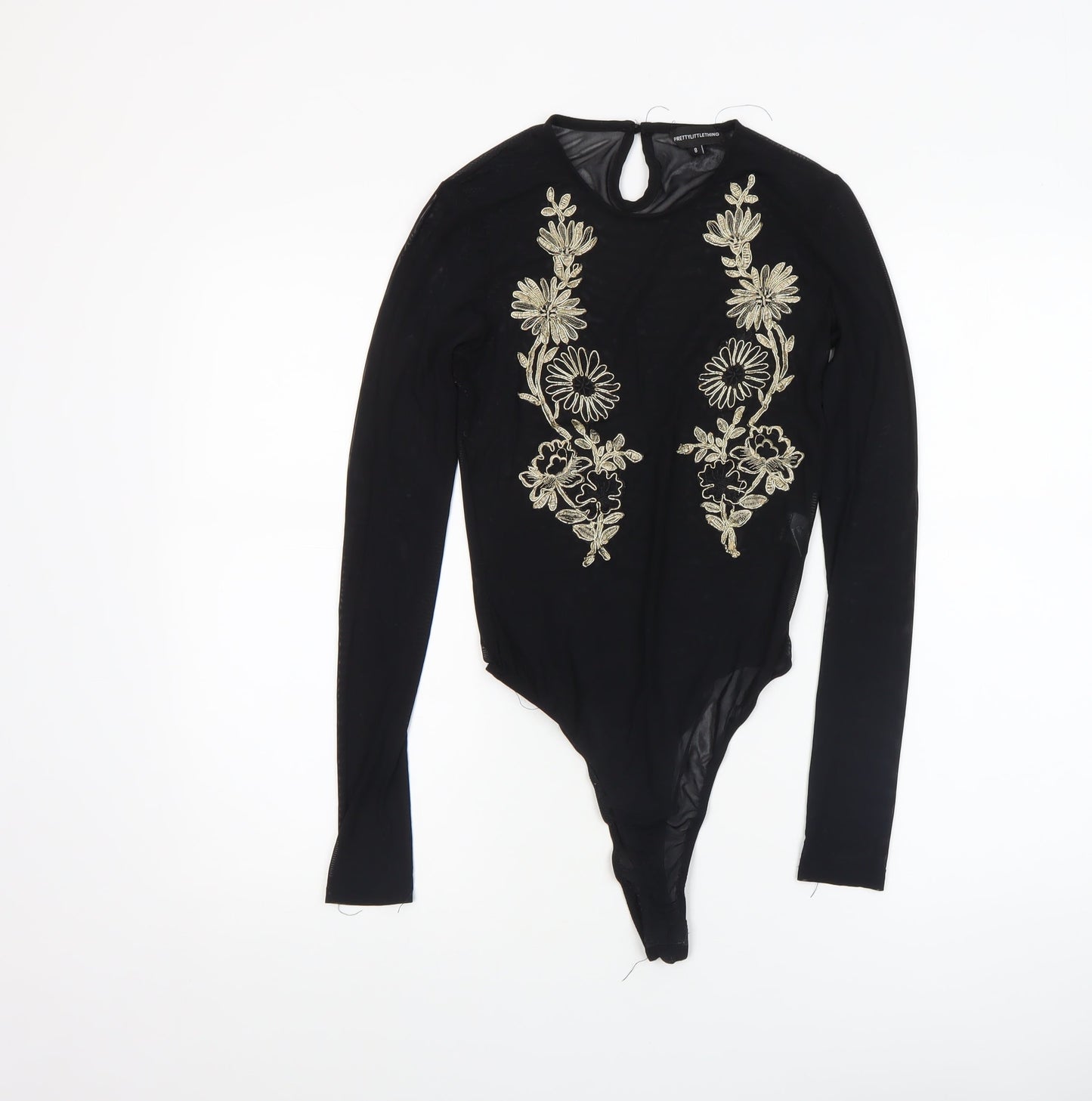 PrettyLittleThing Womens Black Size 8 Embroidered Long Sleeve Bodysuit