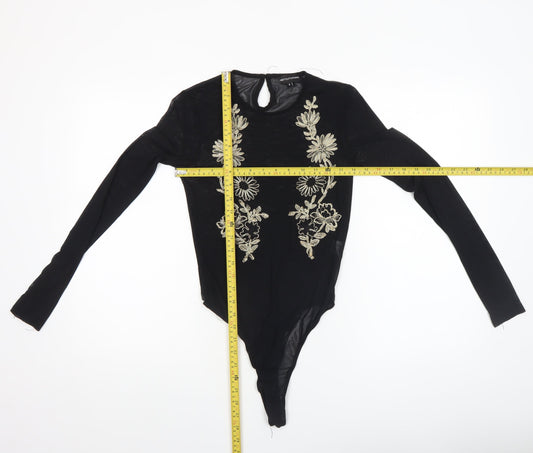 PrettyLittleThing Womens Black Size 8 Embroidered Long Sleeve Bodysuit