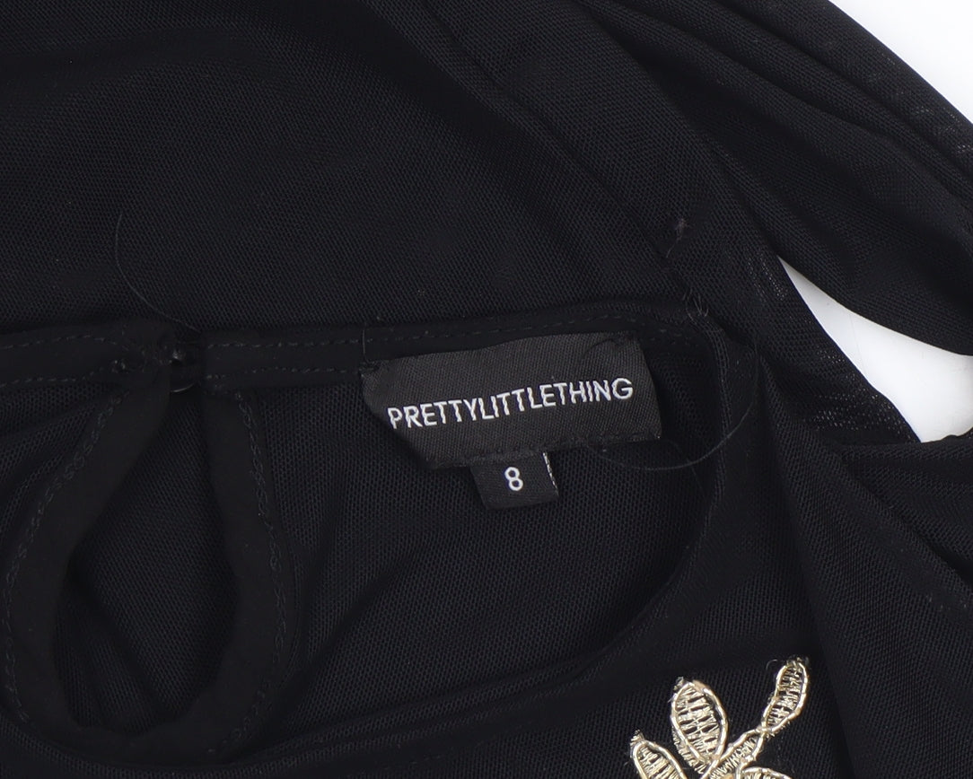 PrettyLittleThing Womens Black Size 8 Embroidered Long Sleeve Bodysuit