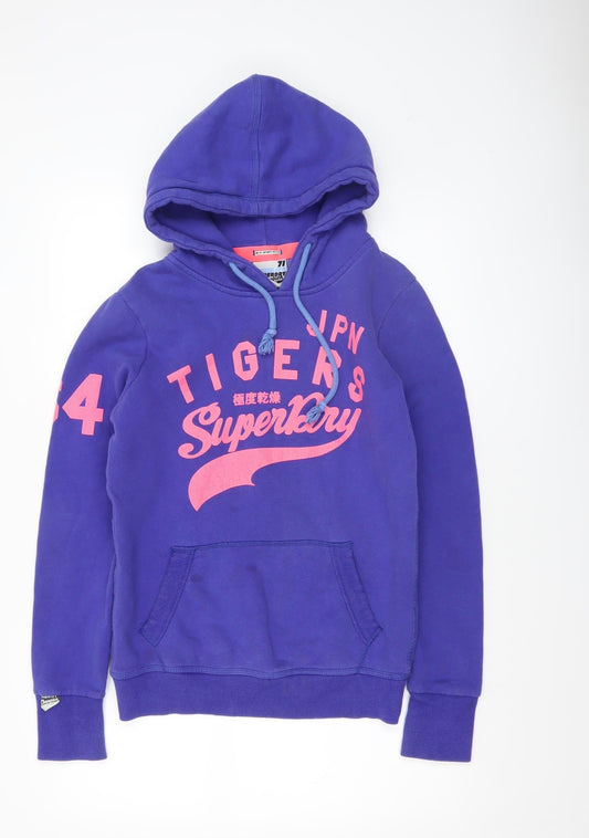 Superdry Women Purple Hoodie Small Graphic Print Pullover Cotton Blend