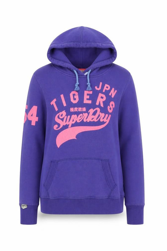 Superdry Women Purple Hoodie Small Graphic Print Pullover Cotton Blend